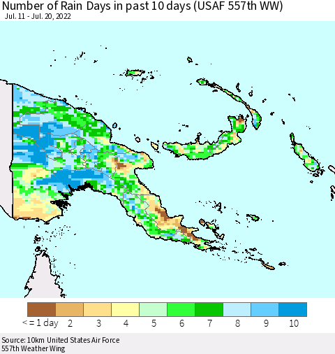 Papua New Guinea Number of Rain Days in past 10 days (USAF 557th WW) Thematic Map For 7/16/2022 - 7/20/2022