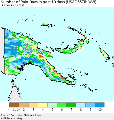 Papua New Guinea Number of Rain Days in past 10 days (USAF 557th WW) Thematic Map For 7/21/2022 - 7/25/2022