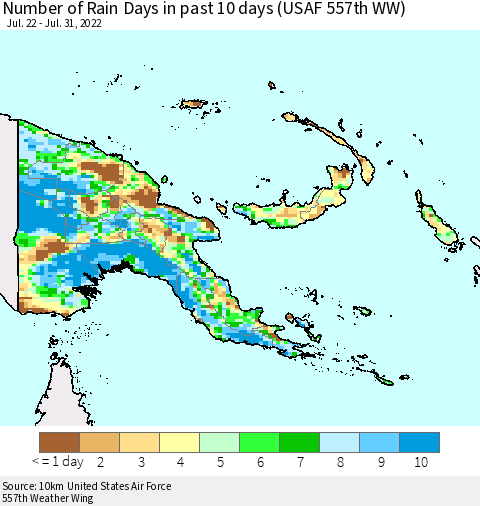 Papua New Guinea Number of Rain Days in past 10 days (USAF 557th WW) Thematic Map For 7/26/2022 - 7/31/2022