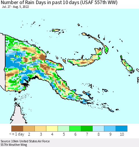 Papua New Guinea Number of Rain Days in past 10 days (USAF 557th WW) Thematic Map For 8/1/2022 - 8/5/2022