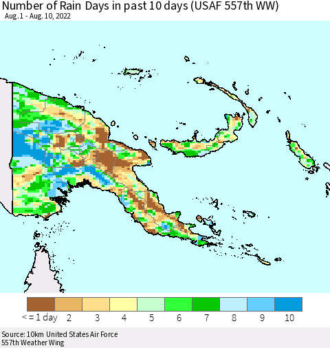 Papua New Guinea Number of Rain Days in past 10 days (USAF 557th WW) Thematic Map For 8/6/2022 - 8/10/2022
