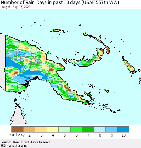 Papua New Guinea Number of Rain Days in past 10 days (USAF 557th WW) Thematic Map For 8/11/2022 - 8/15/2022