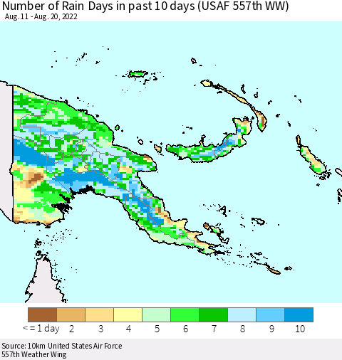 Papua New Guinea Number of Rain Days in past 10 days (USAF 557th WW) Thematic Map For 8/16/2022 - 8/20/2022