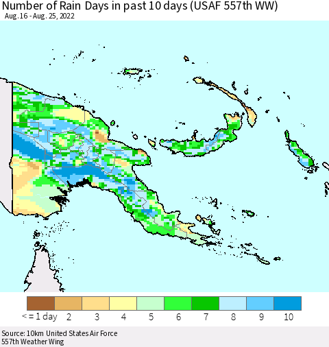 Papua New Guinea Number of Rain Days in past 10 days (USAF 557th WW) Thematic Map For 8/21/2022 - 8/25/2022