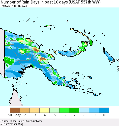 Papua New Guinea Number of Rain Days in past 10 days (USAF 557th WW) Thematic Map For 8/26/2022 - 8/31/2022