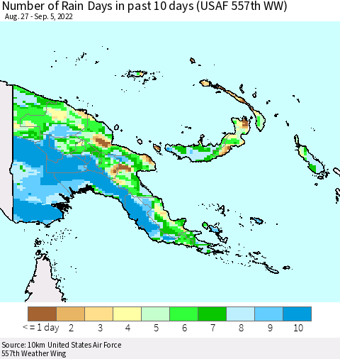 Papua New Guinea Number of Rain Days in past 10 days (USAF 557th WW) Thematic Map For 9/1/2022 - 9/5/2022