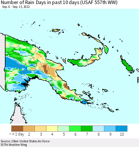 Papua New Guinea Number of Rain Days in past 10 days (USAF 557th WW) Thematic Map For 9/11/2022 - 9/15/2022