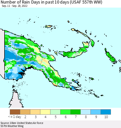 Papua New Guinea Number of Rain Days in past 10 days (USAF 557th WW) Thematic Map For 9/16/2022 - 9/20/2022