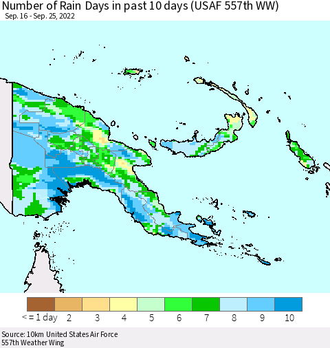Papua New Guinea Number of Rain Days in past 10 days (USAF 557th WW) Thematic Map For 9/21/2022 - 9/25/2022