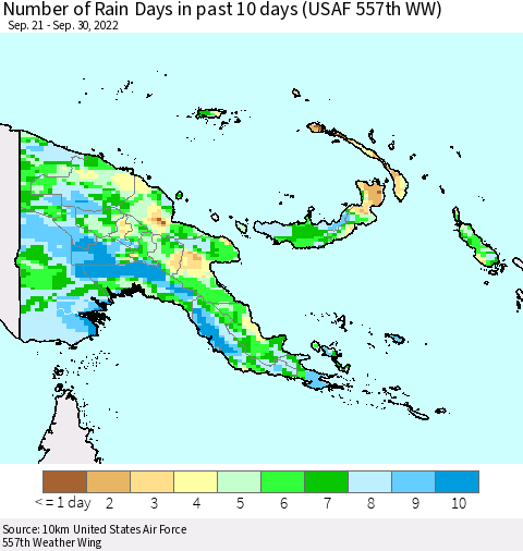 Papua New Guinea Number of Rain Days in past 10 days (USAF 557th WW) Thematic Map For 9/26/2022 - 9/30/2022