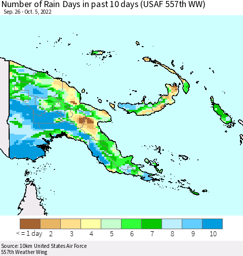 Papua New Guinea Number of Rain Days in past 10 days (USAF 557th WW) Thematic Map For 10/1/2022 - 10/5/2022