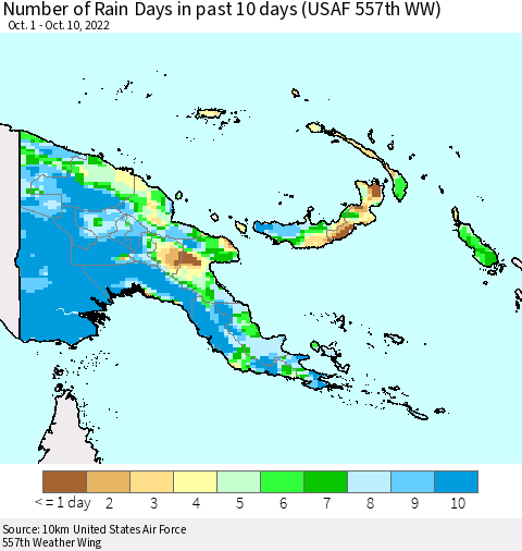 Papua New Guinea Number of Rain Days in past 10 days (USAF 557th WW) Thematic Map For 10/6/2022 - 10/10/2022