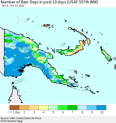 Papua New Guinea Number of Rain Days in past 10 days (USAF 557th WW) Thematic Map For 10/11/2022 - 10/15/2022