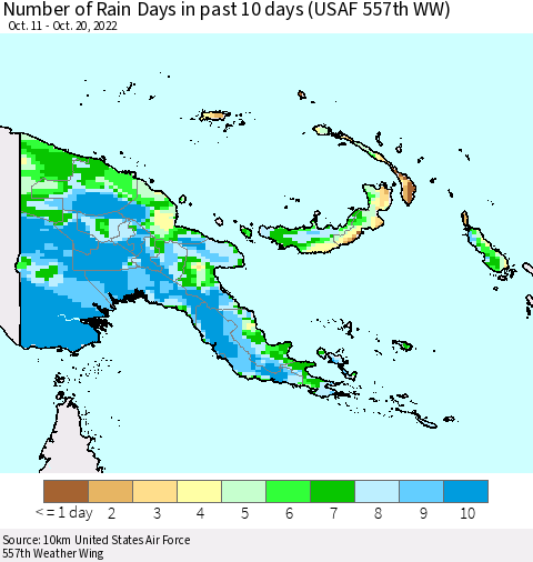 Papua New Guinea Number of Rain Days in past 10 days (USAF 557th WW) Thematic Map For 10/16/2022 - 10/20/2022