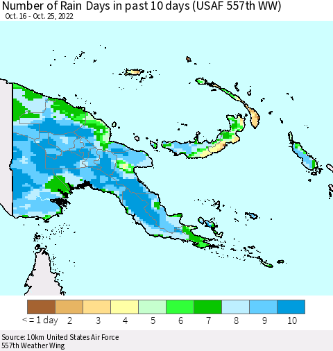 Papua New Guinea Number of Rain Days in past 10 days (USAF 557th WW) Thematic Map For 10/21/2022 - 10/25/2022