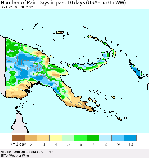 Papua New Guinea Number of Rain Days in past 10 days (USAF 557th WW) Thematic Map For 10/26/2022 - 10/31/2022