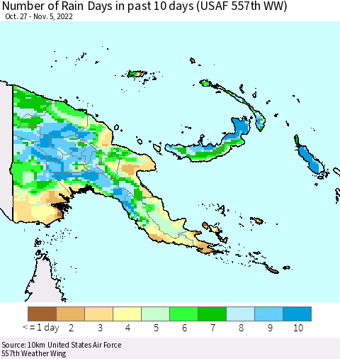 Papua New Guinea Number of Rain Days in past 10 days (USAF 557th WW) Thematic Map For 11/1/2022 - 11/5/2022