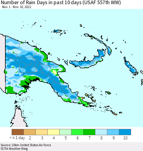Papua New Guinea Number of Rain Days in past 10 days (USAF 557th WW) Thematic Map For 11/6/2022 - 11/10/2022