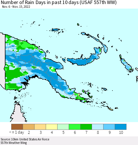 Papua New Guinea Number of Rain Days in past 10 days (USAF 557th WW) Thematic Map For 11/11/2022 - 11/15/2022