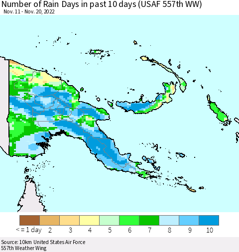 Papua New Guinea Number of Rain Days in past 10 days (USAF 557th WW) Thematic Map For 11/16/2022 - 11/20/2022