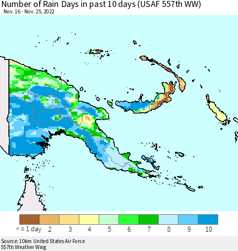 Papua New Guinea Number of Rain Days in past 10 days (USAF 557th WW) Thematic Map For 11/21/2022 - 11/25/2022