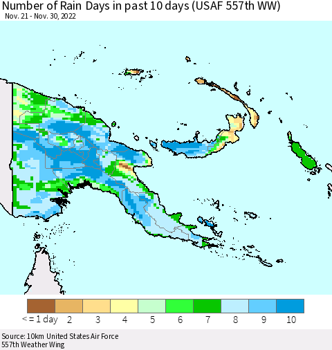 Papua New Guinea Number of Rain Days in past 10 days (USAF 557th WW) Thematic Map For 11/26/2022 - 11/30/2022
