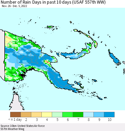 Papua New Guinea Number of Rain Days in past 10 days (USAF 557th WW) Thematic Map For 12/1/2022 - 12/5/2022
