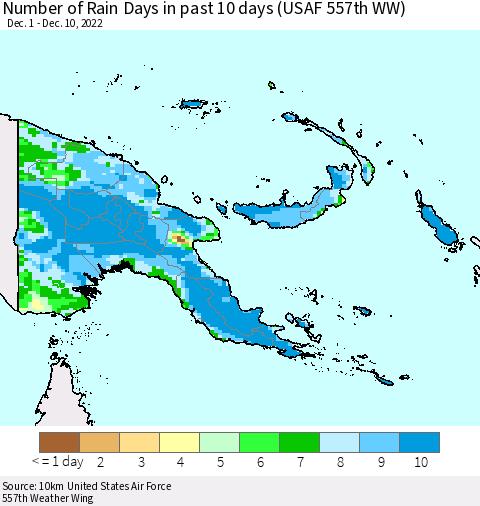 Papua New Guinea Number of Rain Days in past 10 days (USAF 557th WW) Thematic Map For 12/6/2022 - 12/10/2022