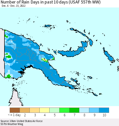 Papua New Guinea Number of Rain Days in past 10 days (USAF 557th WW) Thematic Map For 12/11/2022 - 12/15/2022