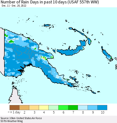 Papua New Guinea Number of Rain Days in past 10 days (USAF 557th WW) Thematic Map For 12/16/2022 - 12/20/2022