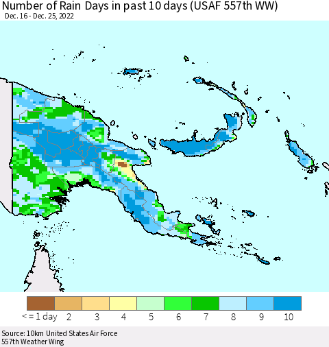 Papua New Guinea Number of Rain Days in past 10 days (USAF 557th WW) Thematic Map For 12/21/2022 - 12/25/2022