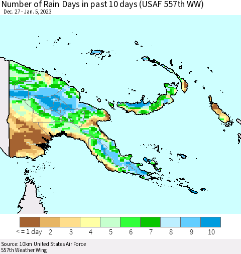Papua New Guinea Number of Rain Days in past 10 days (USAF 557th WW) Thematic Map For 1/1/2023 - 1/5/2023