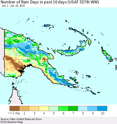 Papua New Guinea Number of Rain Days in past 10 days (USAF 557th WW) Thematic Map For 1/6/2023 - 1/10/2023