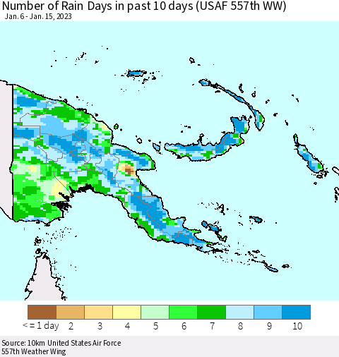 Papua New Guinea Number of Rain Days in past 10 days (USAF 557th WW) Thematic Map For 1/11/2023 - 1/15/2023