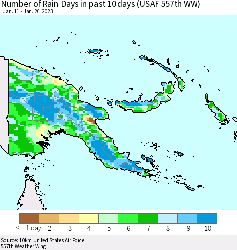 Papua New Guinea Number of Rain Days in past 10 days (USAF 557th WW) Thematic Map For 1/16/2023 - 1/20/2023