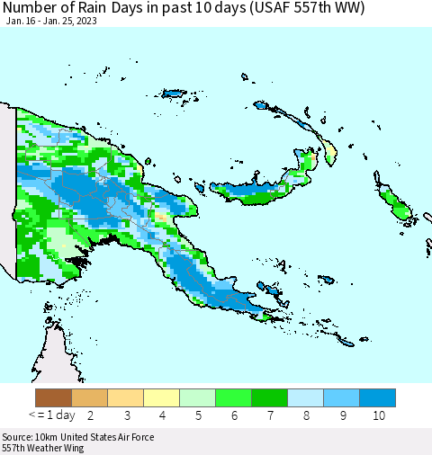 Papua New Guinea Number of Rain Days in past 10 days (USAF 557th WW) Thematic Map For 1/21/2023 - 1/25/2023