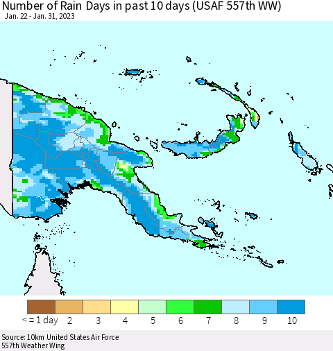 Papua New Guinea Number of Rain Days in past 10 days (USAF 557th WW) Thematic Map For 1/26/2023 - 1/31/2023