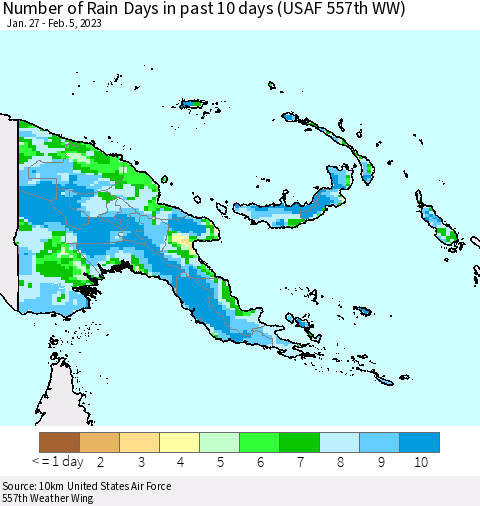 Papua New Guinea Number of Rain Days in past 10 days (USAF 557th WW) Thematic Map For 2/1/2023 - 2/5/2023