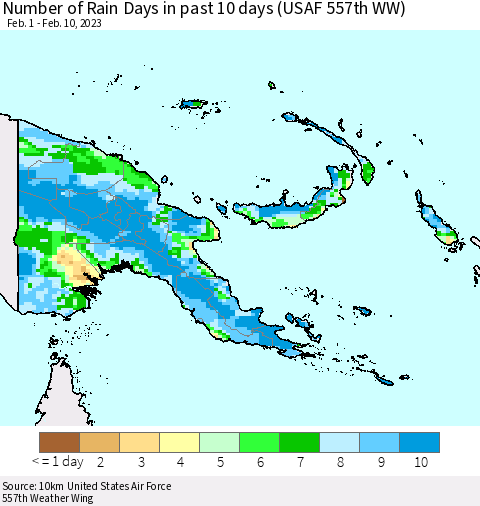 Papua New Guinea Number of Rain Days in past 10 days (USAF 557th WW) Thematic Map For 2/6/2023 - 2/10/2023