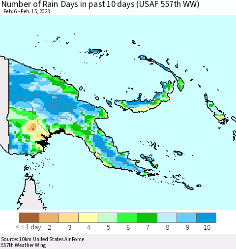 Papua New Guinea Number of Rain Days in past 10 days (USAF 557th WW) Thematic Map For 2/11/2023 - 2/15/2023