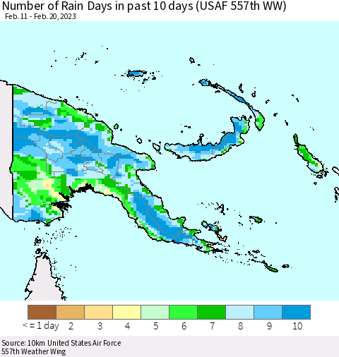 Papua New Guinea Number of Rain Days in past 10 days (USAF 557th WW) Thematic Map For 2/16/2023 - 2/20/2023