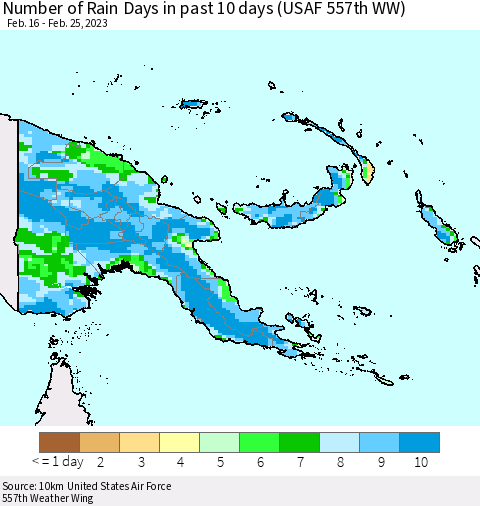 Papua New Guinea Number of Rain Days in past 10 days (USAF 557th WW) Thematic Map For 2/21/2023 - 2/25/2023