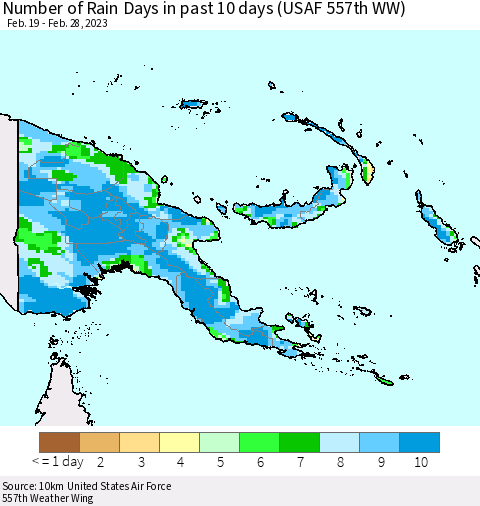 Papua New Guinea Number of Rain Days in past 10 days (USAF 557th WW) Thematic Map For 2/26/2023 - 2/28/2023