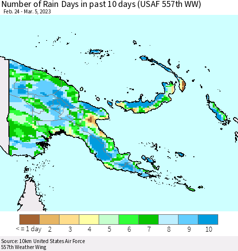 Papua New Guinea Number of Rain Days in past 10 days (USAF 557th WW) Thematic Map For 3/1/2023 - 3/5/2023