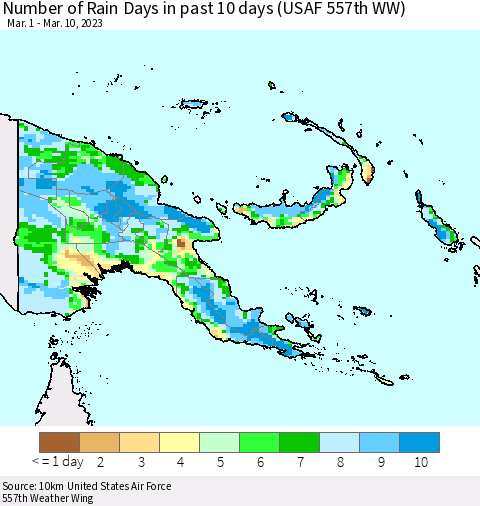 Papua New Guinea Number of Rain Days in past 10 days (USAF 557th WW) Thematic Map For 3/6/2023 - 3/10/2023