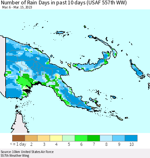 Papua New Guinea Number of Rain Days in past 10 days (USAF 557th WW) Thematic Map For 3/11/2023 - 3/15/2023