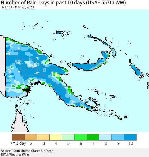 Papua New Guinea Number of Rain Days in past 10 days (USAF 557th WW) Thematic Map For 3/16/2023 - 3/20/2023