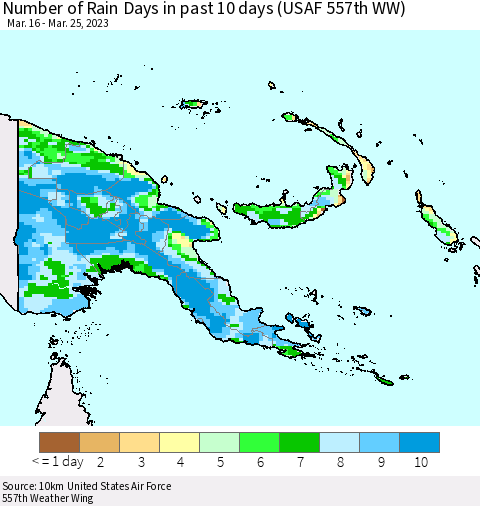 Papua New Guinea Number of Rain Days in past 10 days (USAF 557th WW) Thematic Map For 3/21/2023 - 3/25/2023