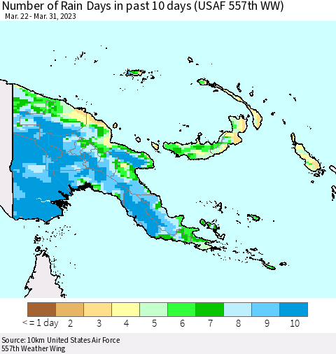 Papua New Guinea Number of Rain Days in past 10 days (USAF 557th WW) Thematic Map For 3/26/2023 - 3/31/2023