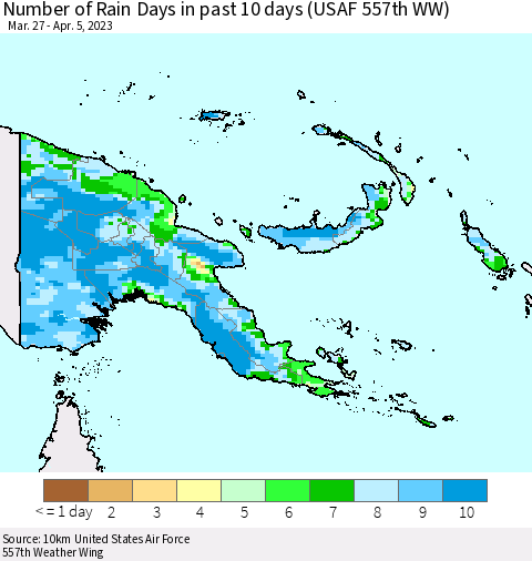 Papua New Guinea Number of Rain Days in past 10 days (USAF 557th WW) Thematic Map For 4/1/2023 - 4/5/2023